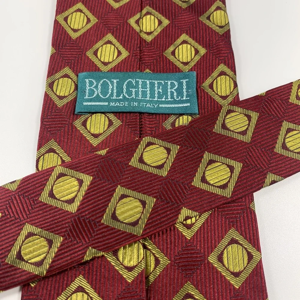 Bolgheri of Italy Mens Tie Crimson Maroon w Gold Geometric Design 100% Silk Repp
